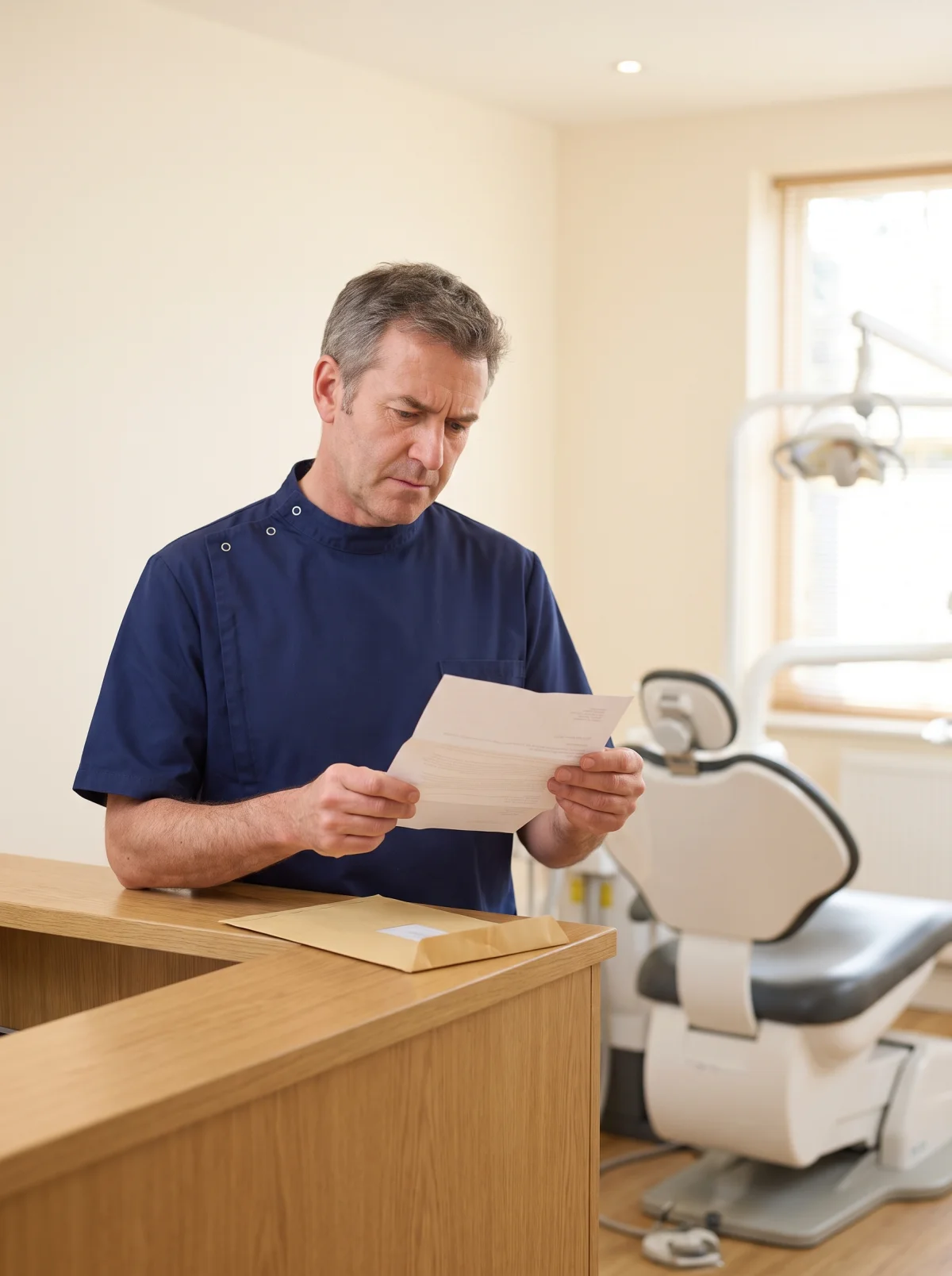 Praticien lisant un courrier dans son cabinet